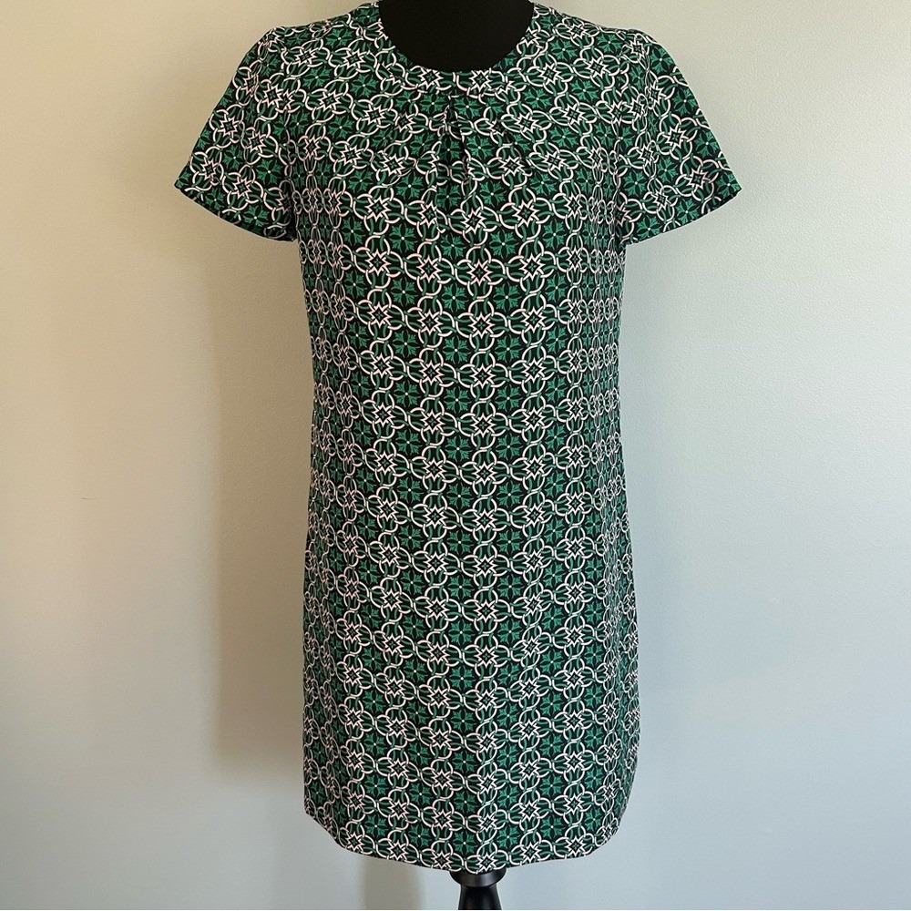 J. Crew Women's Dress 100% Silk Green Navy Lattice Medallion Print Sheath 2